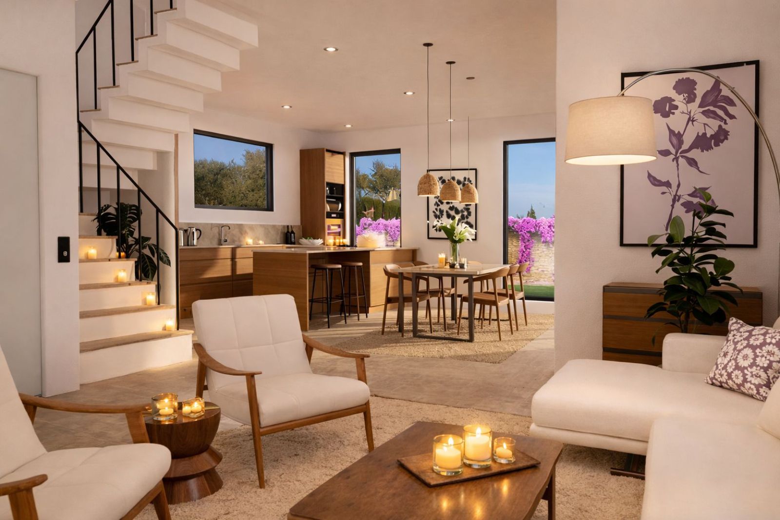 Modern living room with large windows, kitchen, and dining area, featuring a staircase and decorative plants.