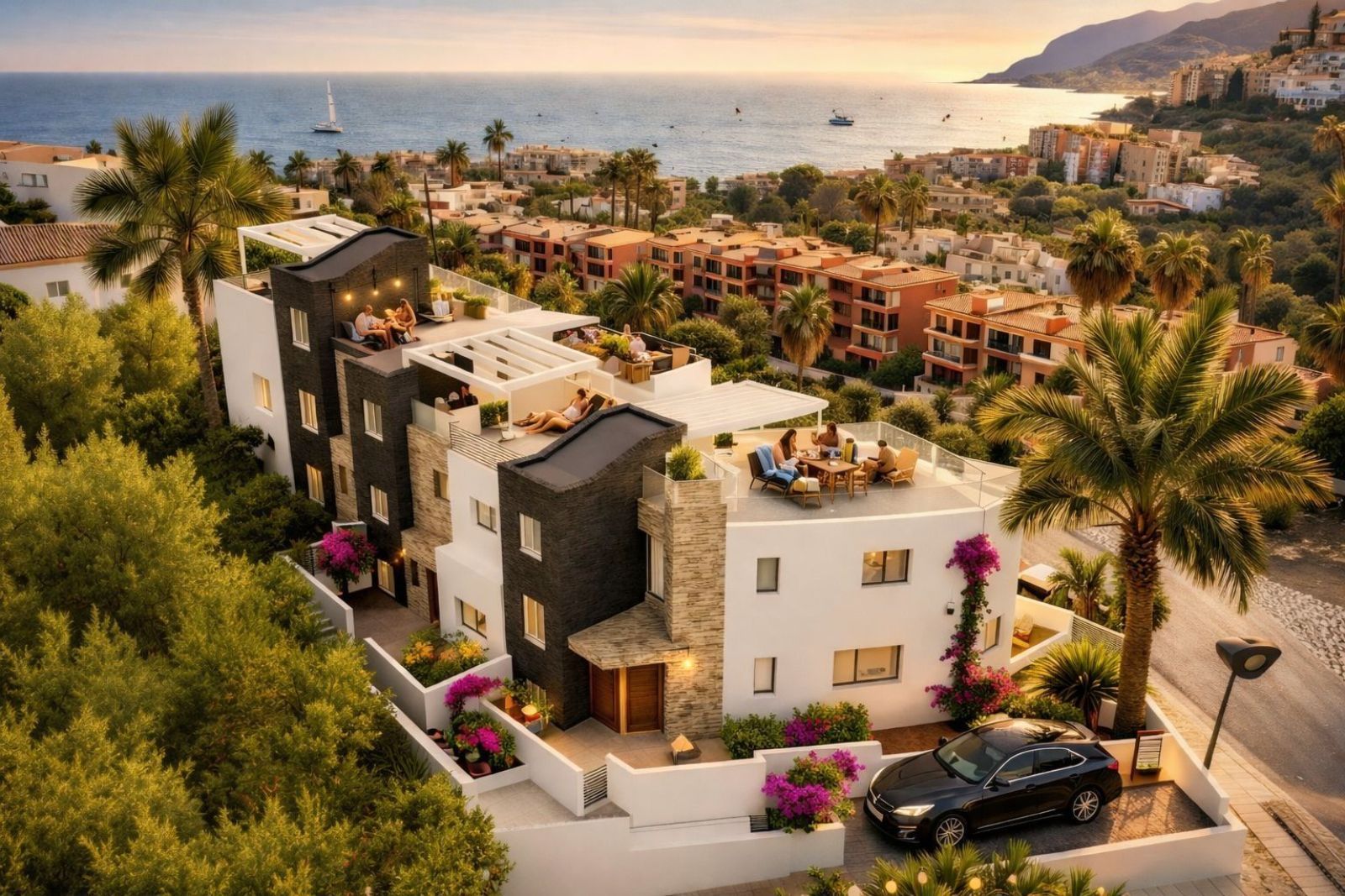 Modern villa with rooftop terrace, sea view, lounge chairs, and palm trees.