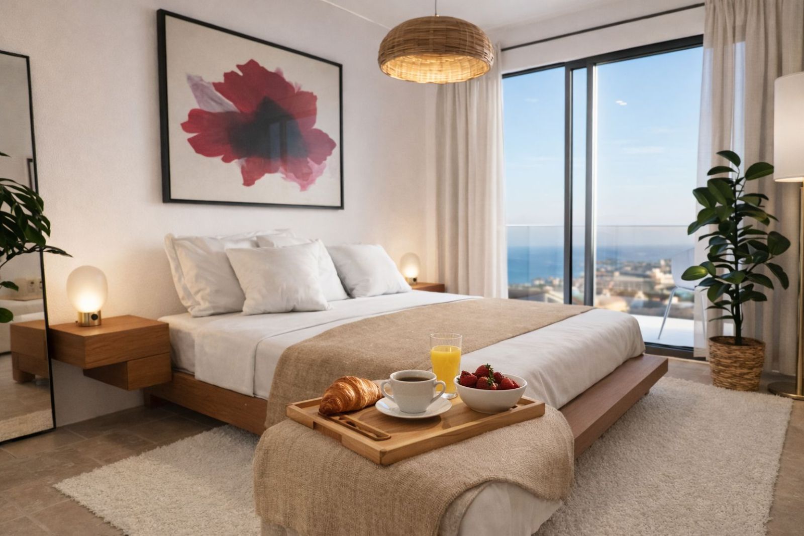Cozy bedroom with ocean view, large bed, breakfast tray, modern decor, and large windows.