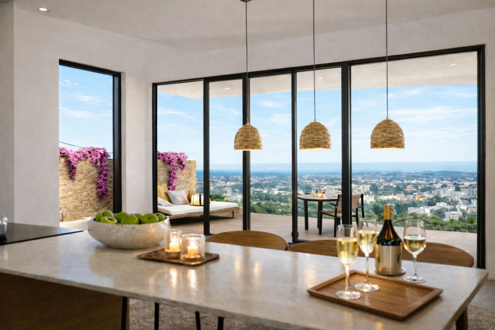 Modern kitchen with panoramic city view, large windows, dining table, and hanging lights.